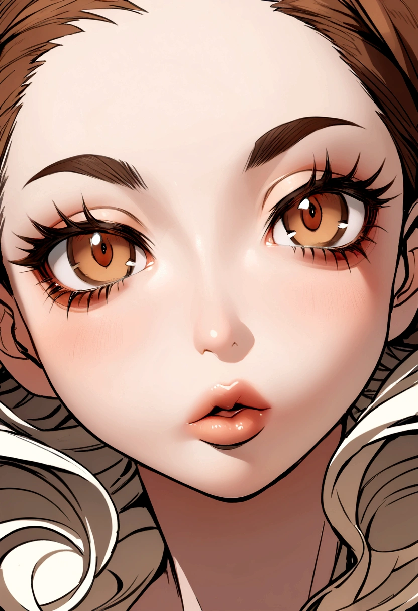Brown eyes and brown with waves and open forehead, reddish cheeks, long eyelashes and big lips