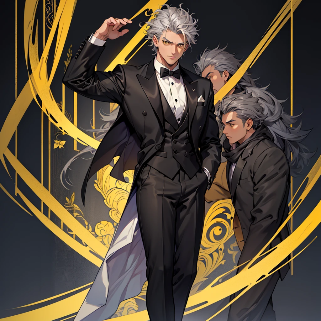 A 15 year old boy, just a boy, just a boy, weak body, fragile body, no muscles, big gray hair, gray hair, very big hair, extremely big hair, big hair, yellow eyes, suit, wearing black suit, tuxedo, wearing tuxedo, medieval background, medieval era, Ultra HD 4k, 4k, Ultra HD