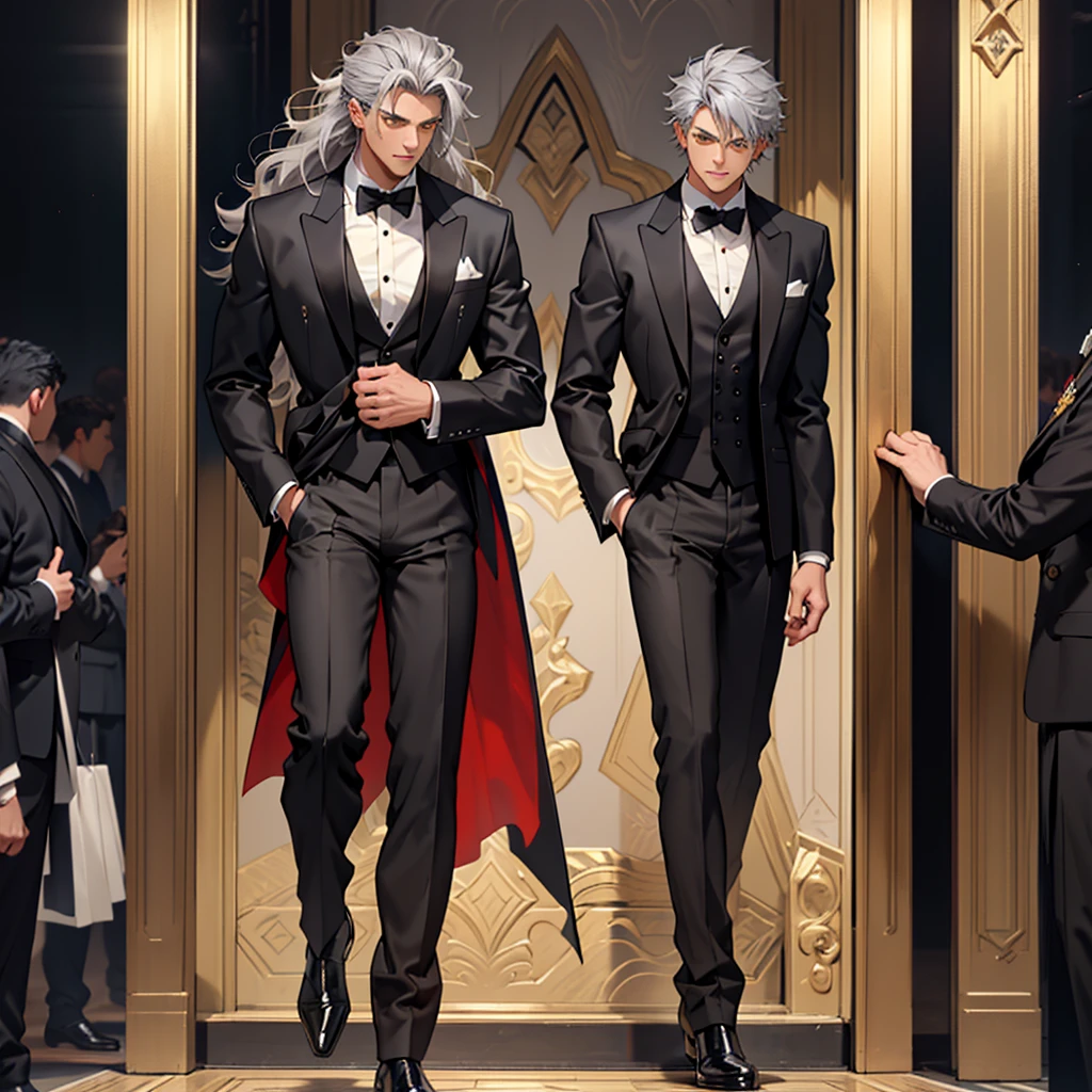 A 15 year old boy, just a boy, just a boy, weak body, fragile body, no muscles, big gray hair, gray hair, very big hair, extremely big hair, big hair, yellow eyes, suit, wearing black suit, tuxedo, wearing tuxedo, medieval background, medieval era, Ultra HD 4k, 4k, Ultra HD