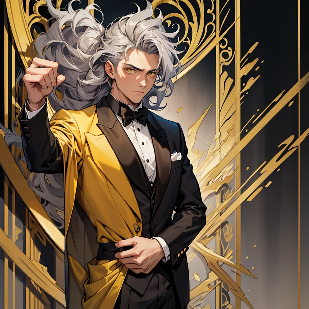 A 15 year old boy, just a boy, just a boy, weak body, fragile body, no muscles, big gray hair, gray hair, very big hair, extremely big hair, big hair, yellow eyes, suit, wearing black suit, tuxedo, wearing tuxedo, medieval background, medieval era, Ultra HD 4k, 4k, Ultra HD