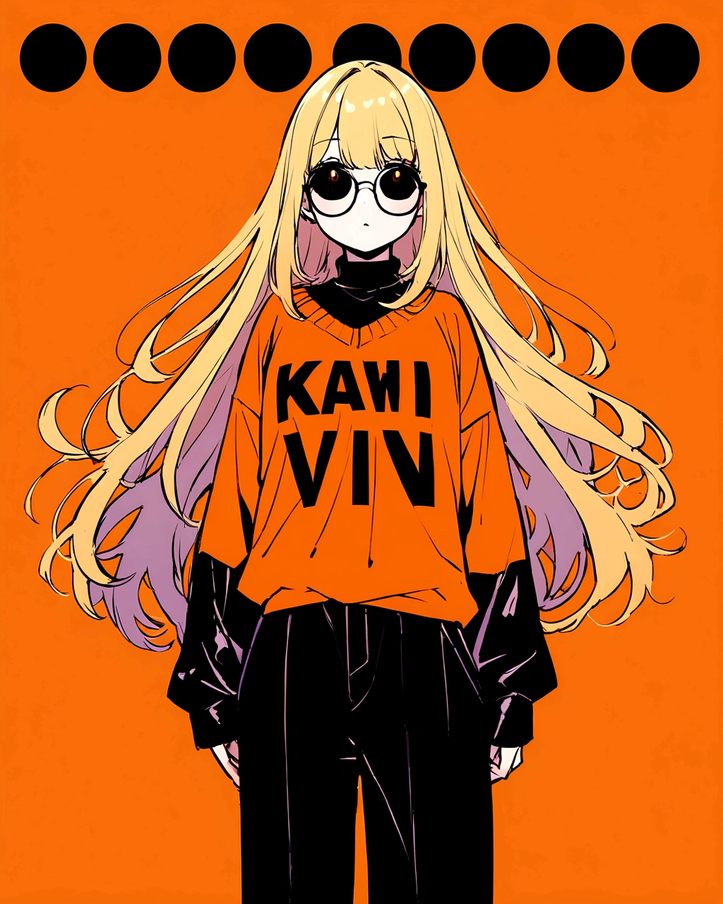 Create an illustration of a girl standing against an orange background. She is wearing a loose orange sweater over a black outfit. She has long blonde hair and is wearing round glasses. The style should be minimalistic with clear lines and a focus on the contrast between the orange background and the girl's outfit. Include the text 'Kawaii.8' in a stylish font near the girl."