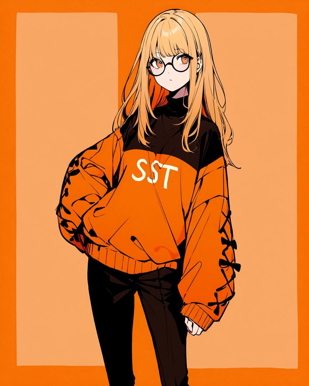 Create an illustration of a girl standing against an orange background. She is wearing a loose orange sweater over a black outfit. She has long blonde hair and is wearing round glasses. The style should be minimalistic with clear lines and a focus on the contrast between the orange background and the girl's outfit. Include the text 'Kawaii.8' in a stylish font near the girl."