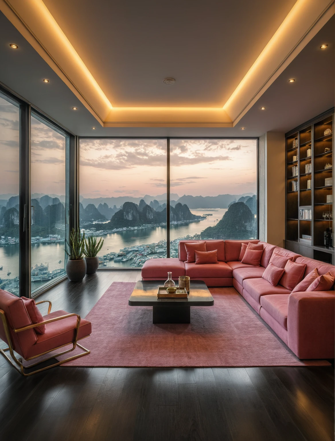 Raw photo,Masterpiece, high quality, best quality, authentic, super detail, interior, livingroom style modern luxury , sunset, evening light, sofa, tea table, carpet, flower vase on tea table, wine bottle, tray, armchair, wine cabinet, books, glass cabinet doors, snake plant pot, downlight, windows overlooking the sunset halong bay, (((black and pink tones))), black wooden floor,