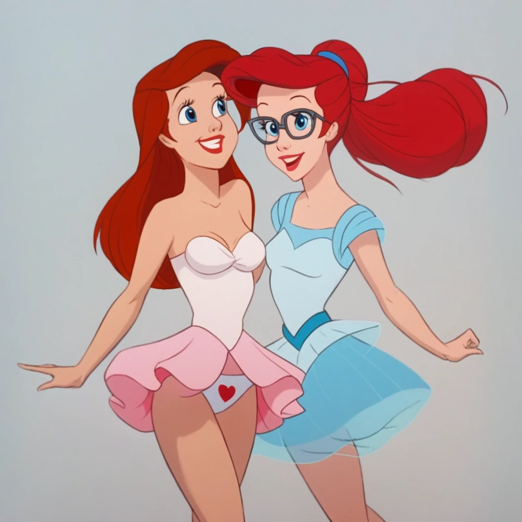 ar_el, 1girl, fair skin, red lips, red hair, large aqua-blue eyes (rating safe), dance studio, standing, glasses, detailed, detailed fur, front view, ballerinas, white panties with pink hearts, heart print panties, 2girls, duo, tutu dress, ballet dance, pirouette, having fun