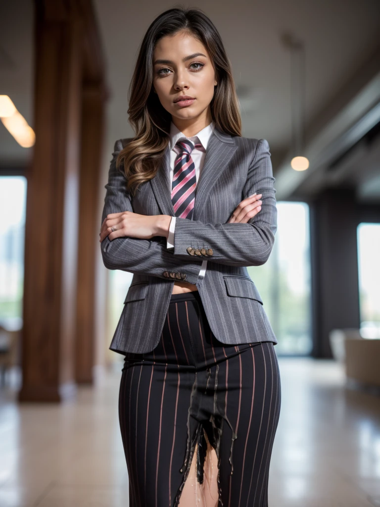 (masutepiece,High quality,16k:1.1),(depth of fields:1.3) ,((front body:1.35)), Ukrainian ,Woman, blonde,makeup,((business suit, black vertical striped pencil skirt )), voluptuous, thicc,(arms crossed:1.5) (wetting herself:1.5), (desperation:1.75),standing ,necktie peeing self, wetting her clothes