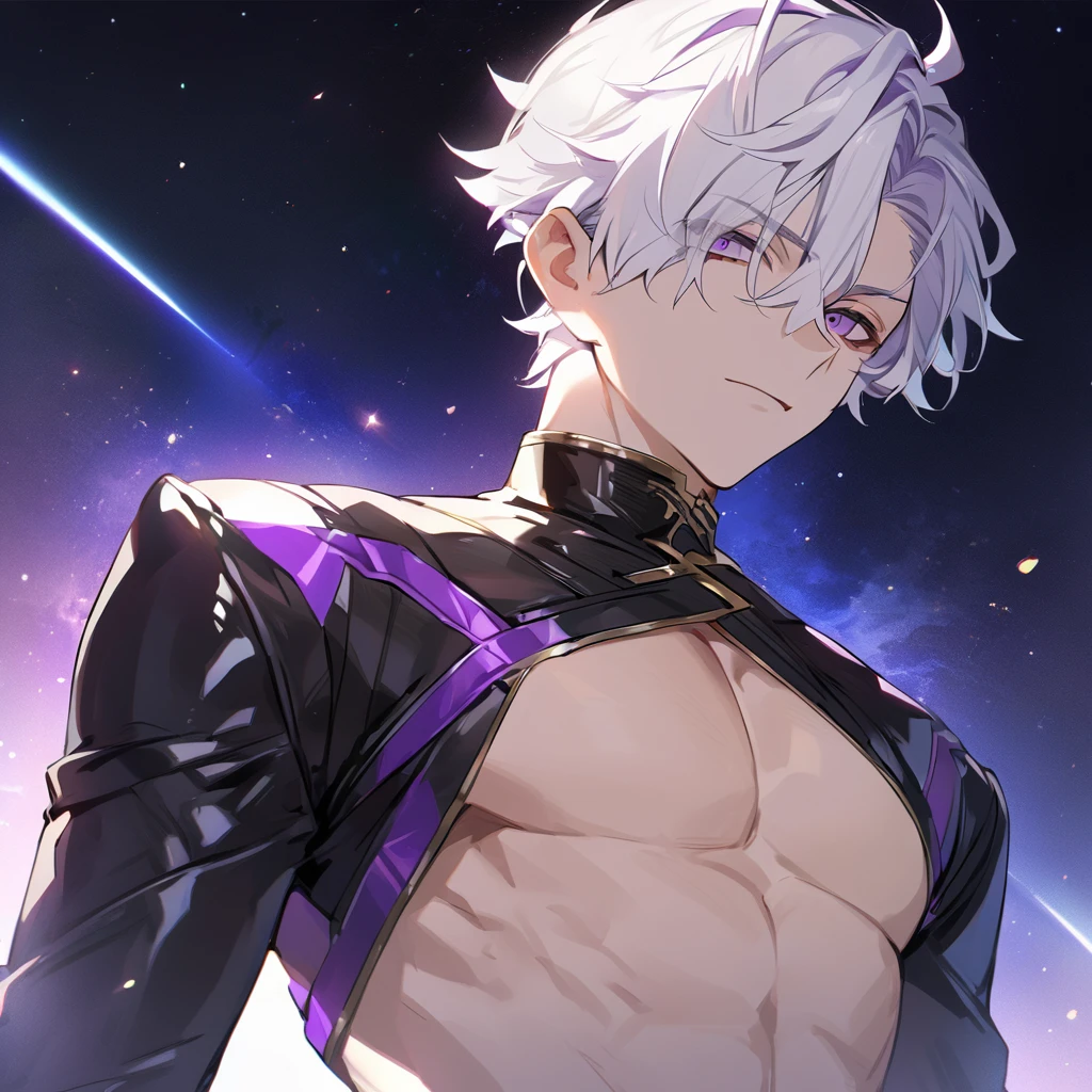 High quality, HD, 4k, no shadows, handsome male, 1male, , teenager, go lining, short white hair, sharp eyes, dark purple eyes, deep purple eyes, devil may cry, close up, calm expression, stoic expression, black leather clothes, lean body, well trained body, upper body, looking at viewer, cowboy shot, white solar, space background