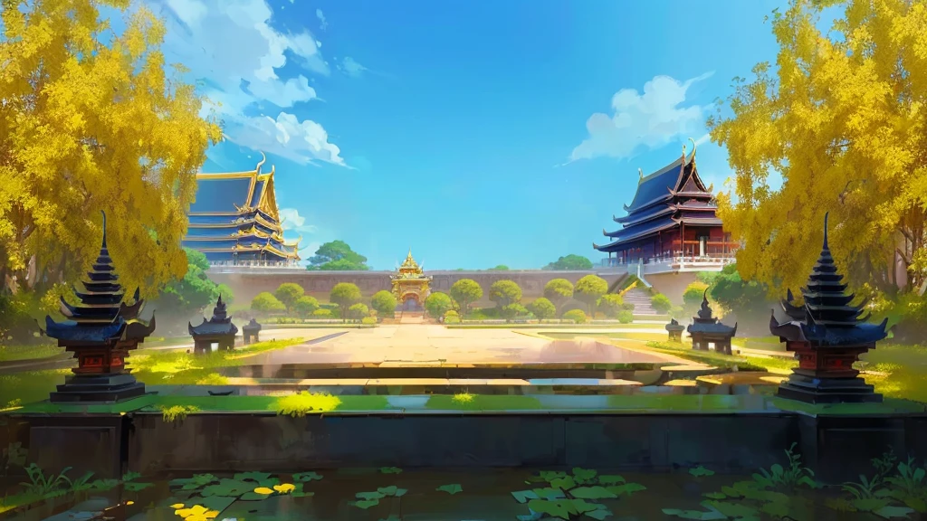 there is a painting of a courtyard, arena background, mobile game background, background art, background artwork, palace background, game background, temple background, volley court background, zen temple background, anime background art, royal garden background, amazing wallpaper, anime background, 2 d game art background, park background, anime scenery concept art, videogame background, Cassia fistula, far architect thailand, thailand temple, temple behind, thailand mood, thailand backgound