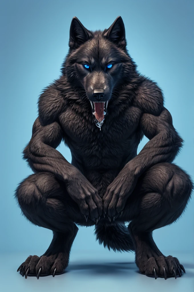 Perspective from below black wolf naked male furry legs apart looking down blue background squat pose blue eyes serious look claws on knees fluffy tail scars growling salivating