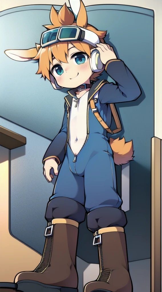 2D Boy Shota，One-piece mountaineering suit，Slim, healthy body，Put the headphones on your head，stand up，goggles，Rabbit ears，happy，Sailor collar，tie，Zipper pulled down，boots