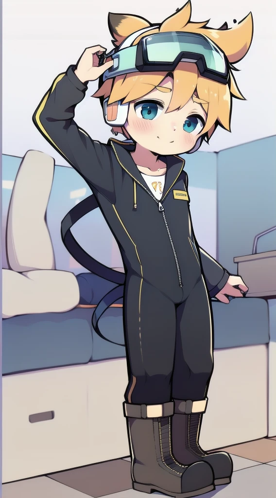 2D Boy Shota，One-piece mountaineering suit，Slim, healthy body，Put the headphones on your head，stand up，goggles，Rabbit ears，happy，Sailor collar，tie，Zipper pulled down，boots