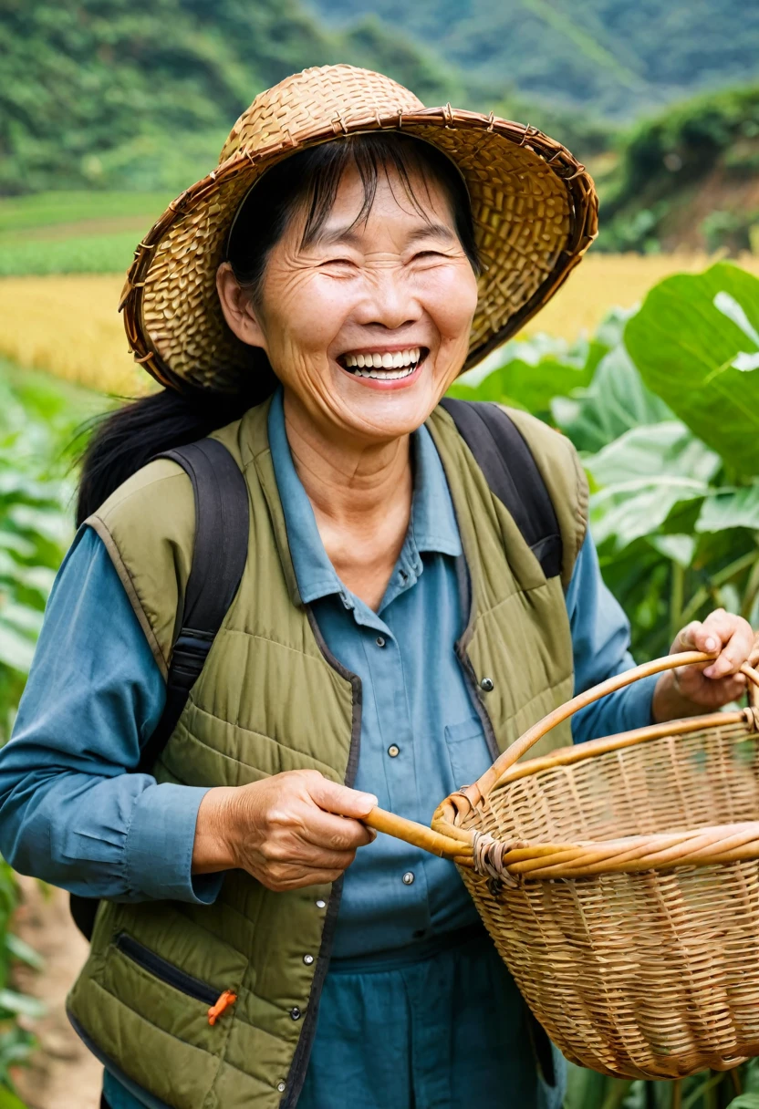A Taiwanese farmer in his 60s ,harvest season, Laughing happily,Holding a basket in hand ,photo, woman,Looking at the camera