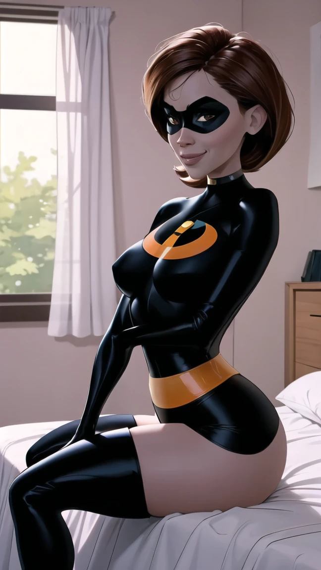 (masterpiece), best quality, depth of field, 1girl, solo, looking at viewer, smilling,breasts, helenparr, domino mask, mask, bodysuit, elbow gloves, thighhighs, thigh boots, wide hips, sitting on bed edge, legs crossed, at the kid's bedroom