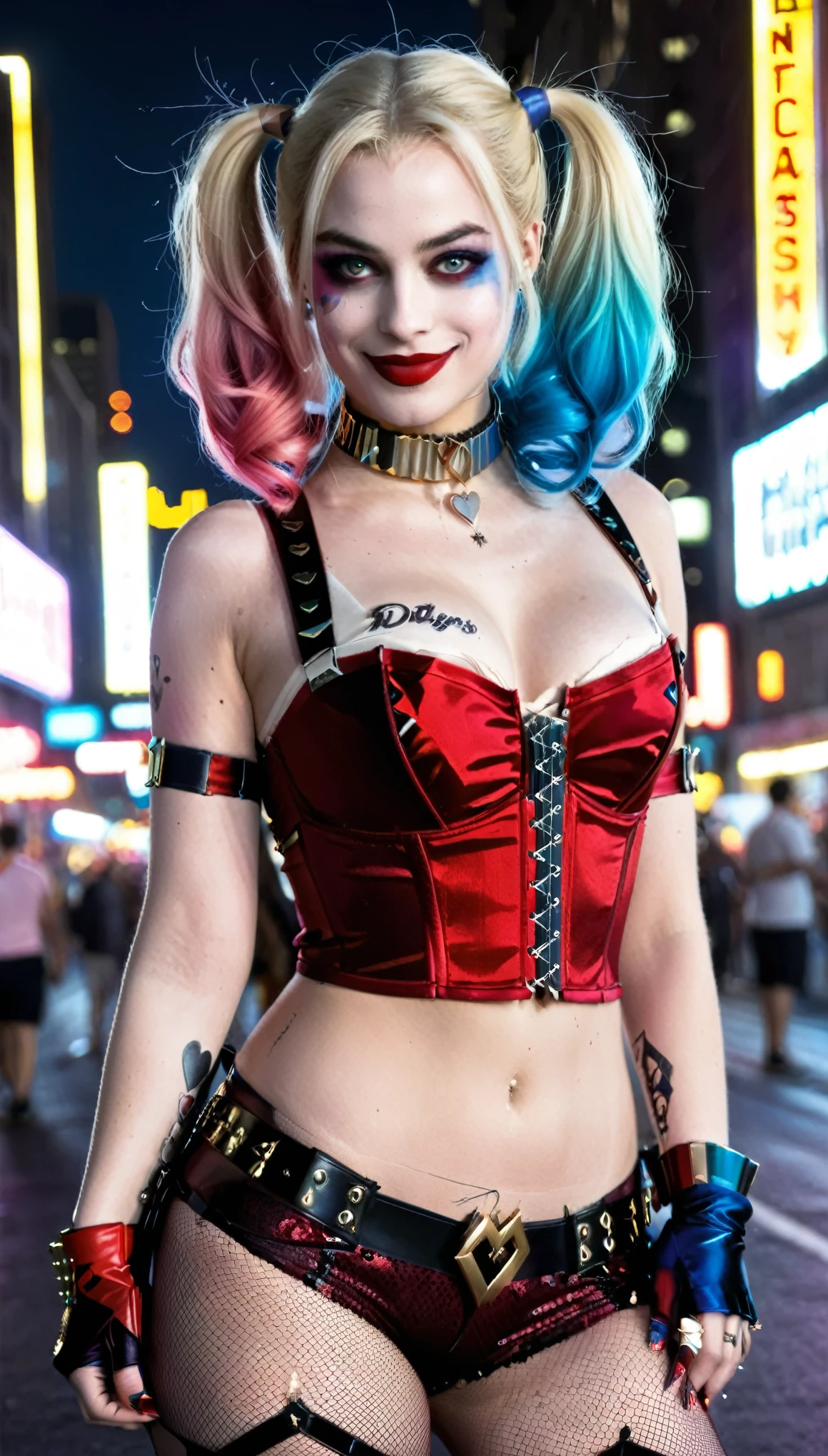 Create a realistic image of a woman, (DD cup breasts), athletic build, hourglass figure, dressed as a Harley Quinn-inspired character, psychotic smile. She has blonde hair styled in two pigtails, with the ends dyed red and blue. She wears a red and black corset top with lace-up detailing, red shorts, and a choker necklace. She has amazing legs. Her makeup includes bold eye colors matching her hair and a small heart on her cheek. The background is a vibrant city street at night, with neon lights and a bustling crowd of people. The overall atmosphere is edgy and dynamic, capturing a playful yet mischievous vibe. (Wide angle distant full body view from behind:1.6). Hyper realistic photo, vibrant colors, 16k