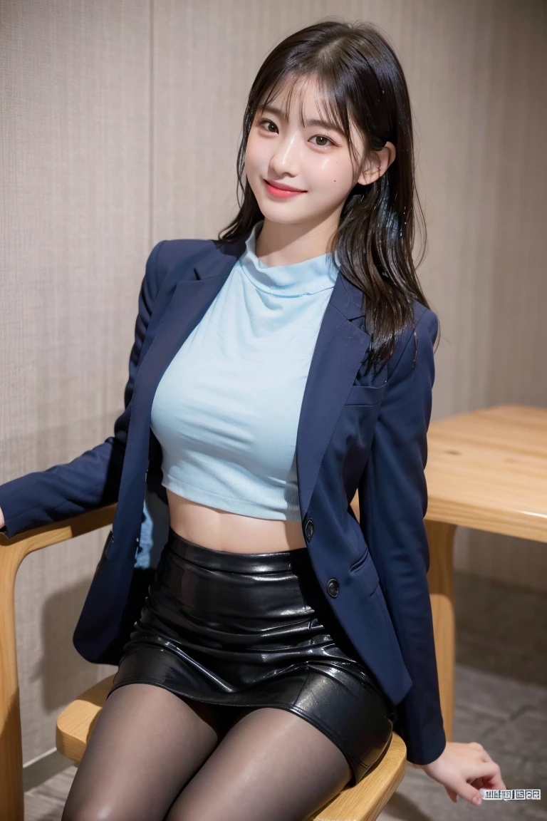 (8k), (highest quality: 1.2), (Realistic), (Realistic: 1.37), Ultra-high resolution, 1 girl, cute, Shiny skin,Blushing,smile, Mouth closed, Beautiful details, Beautiful Nose, whole body, Wet Hair, Giant Dulcefo, pork,Navel exposed,University Student Uniform,A simple blazer,Pleated skirt,Sit on a chair, shiny pantyhose 