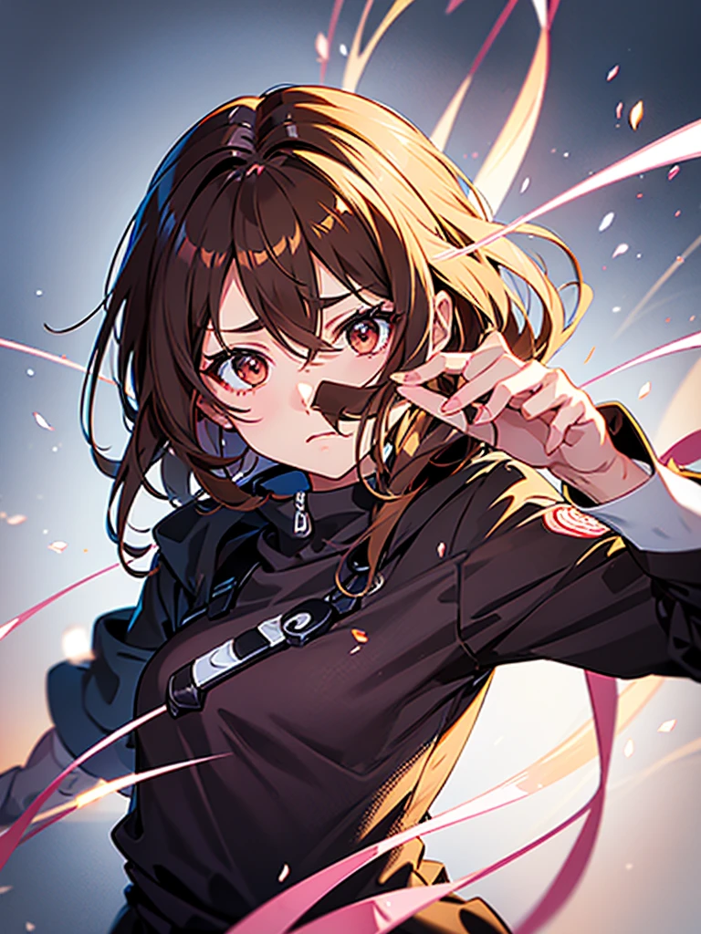 anime 2d em jujutsu kaisen, the girl must have dark brown eyes, light brown hair with blonde highlights and bangs, your outfit is the jujutsu kaisen uniform, She must hold a pink wand with powers and a pink aura will come out around her body and her hair will be floating MEDIUM LIGHT BROWN HAIR AND BROWN EYES