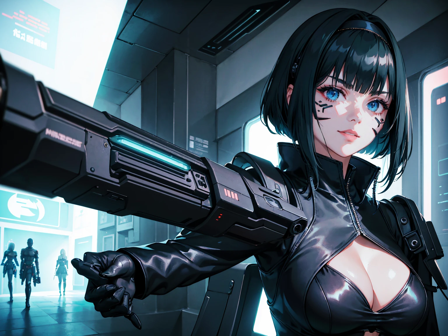 masterpiece, Best quality, (1 girl), (solo) (front facing), (upper body), (smile),(from front), (portrait), (night), (pose for picture), (dystopian city street), (large breast), (cleavage), (long hair),, black costume, black, gloves, dress boots, black gloves, puffy sleeves, black dress) (blak hairband),(cyberpunk costume), (green hair), (blue eyes), feather-trimmed sleeves anime, realistic, masterpiece, (bobcut, bangs), (A2 costume) (cyber_mark), ( facial mark), (cyberpunk suit), (j4nu4ryj0n3s cleavage), (demure), (dark room), (neon lights), (cyberpunk room), (focus on body), (look at front), (look at viewer), (midriff)