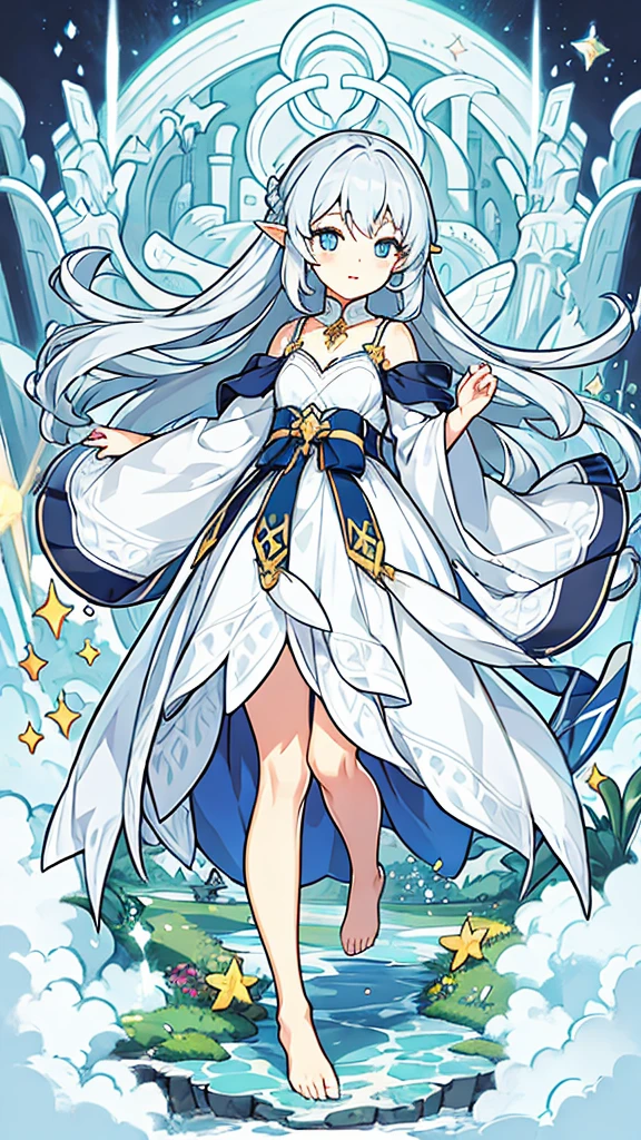 ((Highest quality)), ((masterpiece)), (detailed), One girl, The background is nature、The weather was sunny.、Silver hair straight long hair、Half Up、Parallel thin eyebrows、Double droopy eyes、Thin lips、Small nose、Blue Eyes、Long eyelashes、Delicate appearance、Illustration seen from the front、A big smile with an open mouth、White dress、Fantastic illustrations、Highlights are 7 colors、The light is on my face、Illustration of eyes matching the viewer、Elf、For delivery、Character portrait、whole body、Down to the toes、
