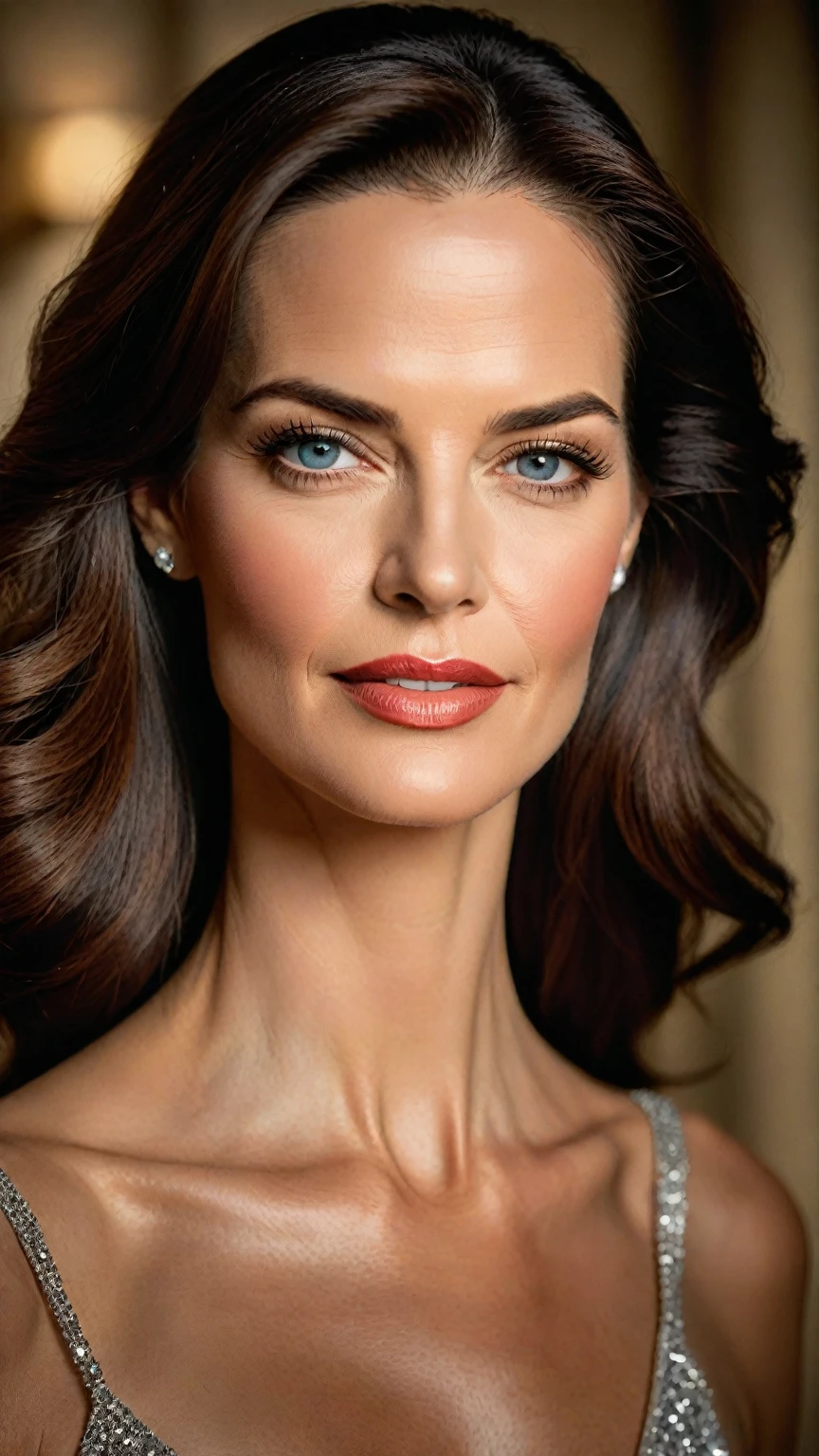 a beautiful woman, photorealistic portrait of terry farrell, detailed facial features, beautiful detailed eyes, beautiful detailed lips, extremely detailed eyes and face, longeyelashes, gorgeous skin, flawless makeup, elegant expression, serene look, natural lighting, warm color palette, film grain, cinematic style, masterpiece, best quality, 8k, hyperdetailed
