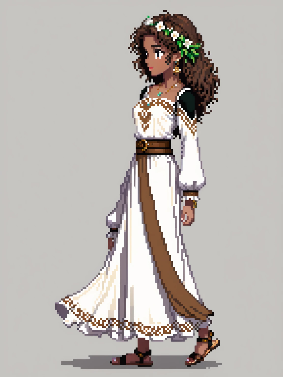 (Pixel art: 1.2), 1 young woman, 23 years old, dark skin, with medium dark brown curly hair held back by a cloth, wearing long-sleeve white medieval dress with floral details, arms and legs, a light brown leather belt, small gold earrings, a stone necklace, long-sleeve white dress, brown sandals, side view, visible lips and nose, Black background, strong physique.
