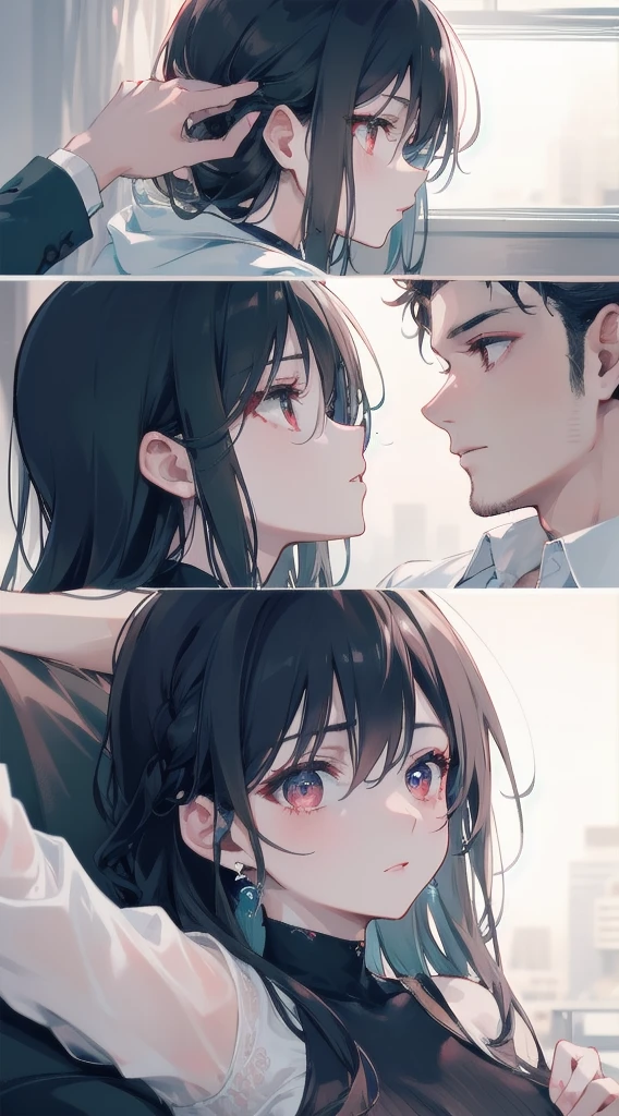 4k, dark scene, ruined environment, depict a passionate love story between two individuals, both with luscious black hair, the man with striking blue eyes, and the woman with captivating red eyes.