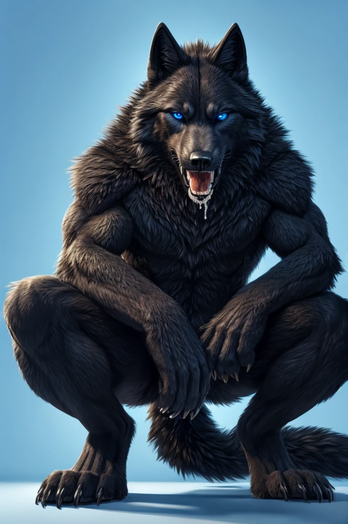 Perspective from below black wolf naked male furry legs apart looking down blue background squat pose blue eyes serious look claws on knees fluffy tail scars growling salivating