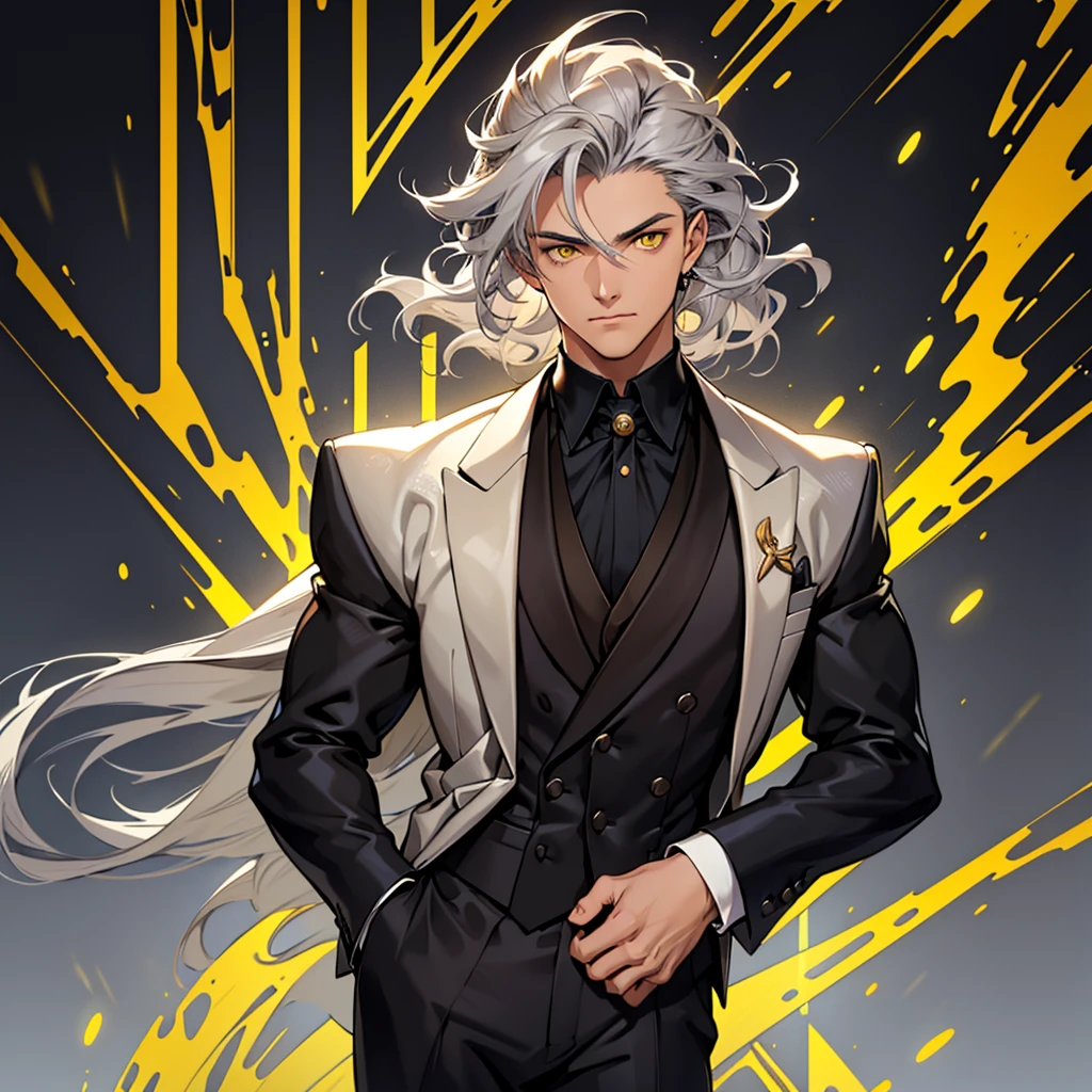 A  boy, just a boy, just a boy, weak body, fragile body, no muscles, big gray hair, gray hair, very big hair, extremely big hair, big hair, yellow eyes, suit, wearing black suit, tuxedo, wearing tuxedo, medieval background, medieval era, Ultra HD 4k, 4k, Ultra HD