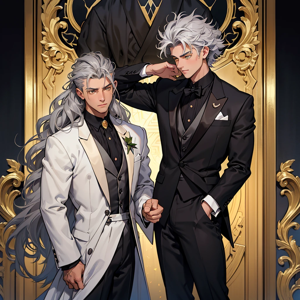 A 15 year old boy, just a boy, just a boy, weak body, fragile body, no muscles, big gray hair, gray hair, very big hair, extremely big hair, big hair, yellow eyes, suit, wearing black suit, tuxedo, wearing tuxedo, medieval background, medieval era, Ultra HD 4k, 4k, Ultra HD