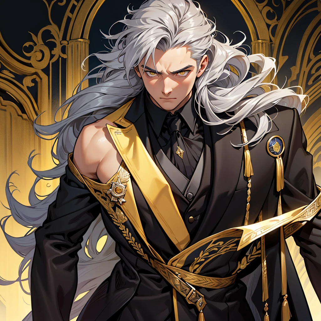 A 15 year old boy, just a boy, just a boy, weak body, fragile body, no muscles, big gray hair, gray hair, very big hair, extremely big hair, big hair, yellow eyes, suit, wearing black suit, tuxedo, wearing tuxedo, medieval background, medieval era, Ultra HD 4k, 4k, Ultra HD