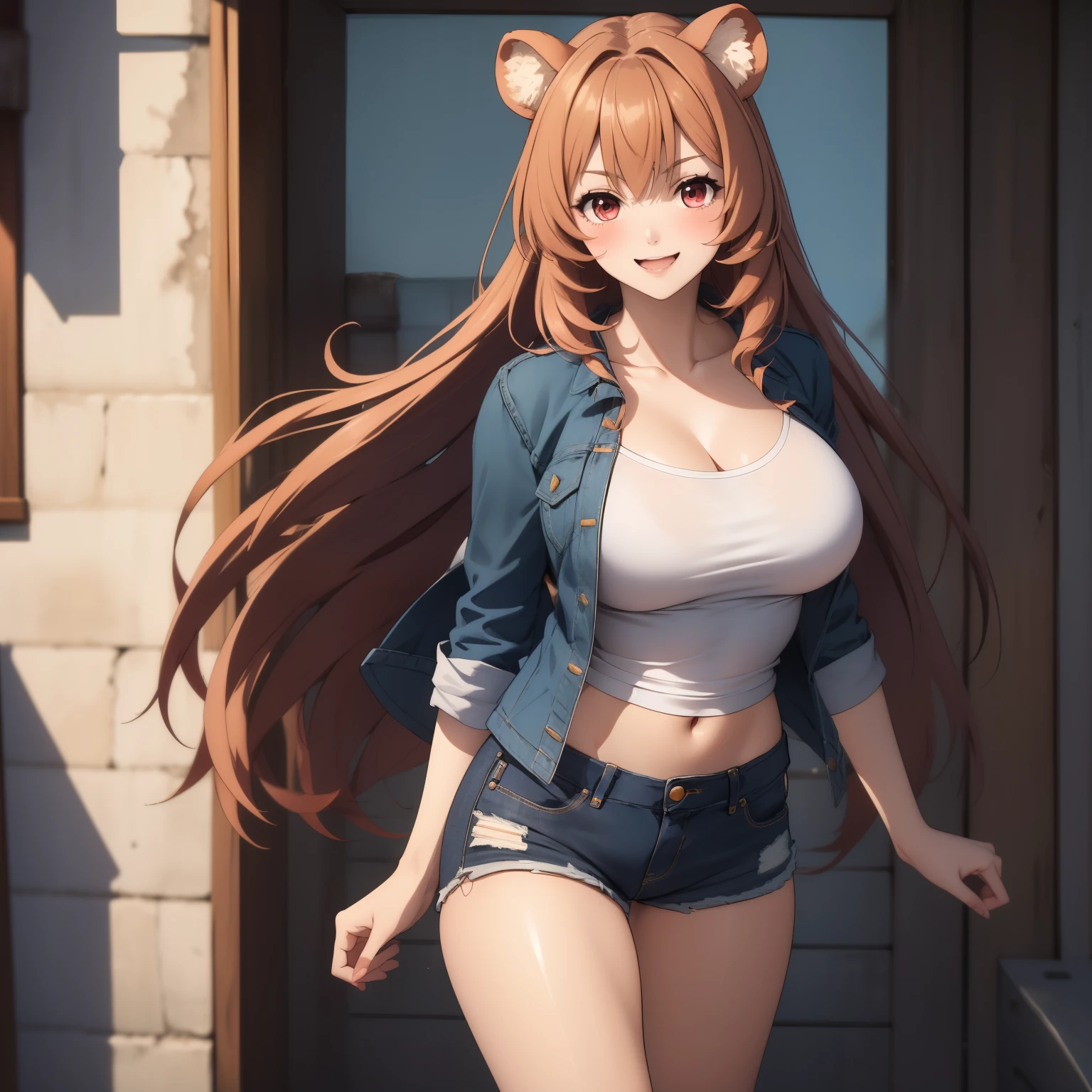 Raphtalia woman 20 years old straight orange hair , rounded bear ears, red eyes like ruby., serious expression, blush,  pale skin, big breasts, cowgirl clothes, low-cut plaid tops, short denim jacket denim shorts, brown cowboy boots, background a town in the old west. SMILE.