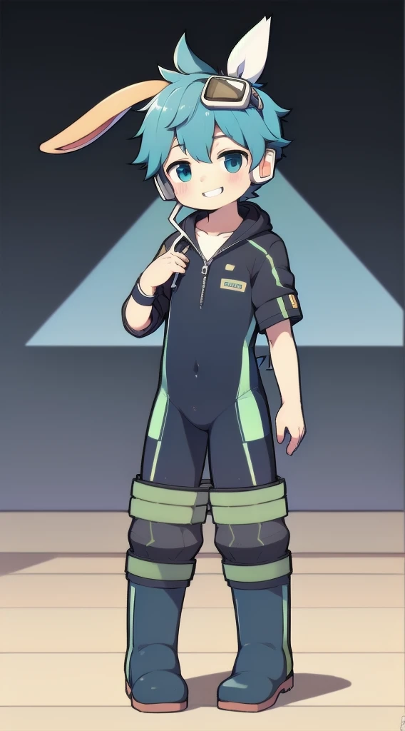 2D Boy Shota,One-piece mountaineering suit,Slim, healthy body,Put the headphones on your head,stand up,goggles,Rabbit ears,happy,Sailor collar,tie,Zipper pulled down,boots