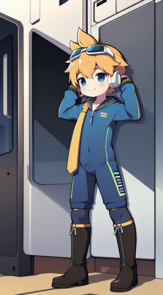 2D Boy Shota，One-piece mountaineering suit，Slim, healthy body，Put the headphones on your head，stand up，goggles，Rabbit ears，happy，Sailor collar，tie，Zipper pulled down，boots