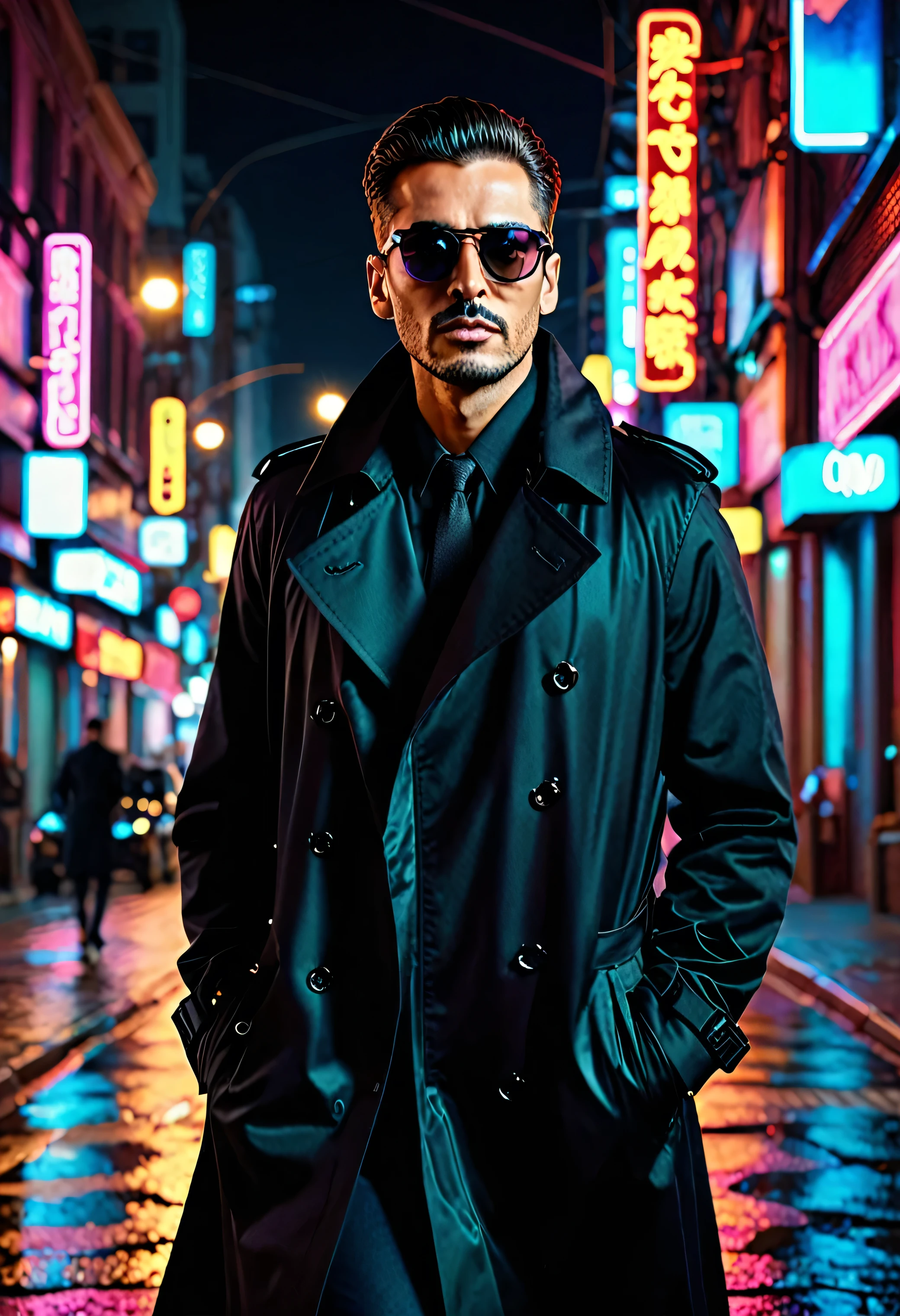 (masterpiece, best quality, high resolution),1man in a black trench coat and sunglasses, a city street at night with neon lights, 8k