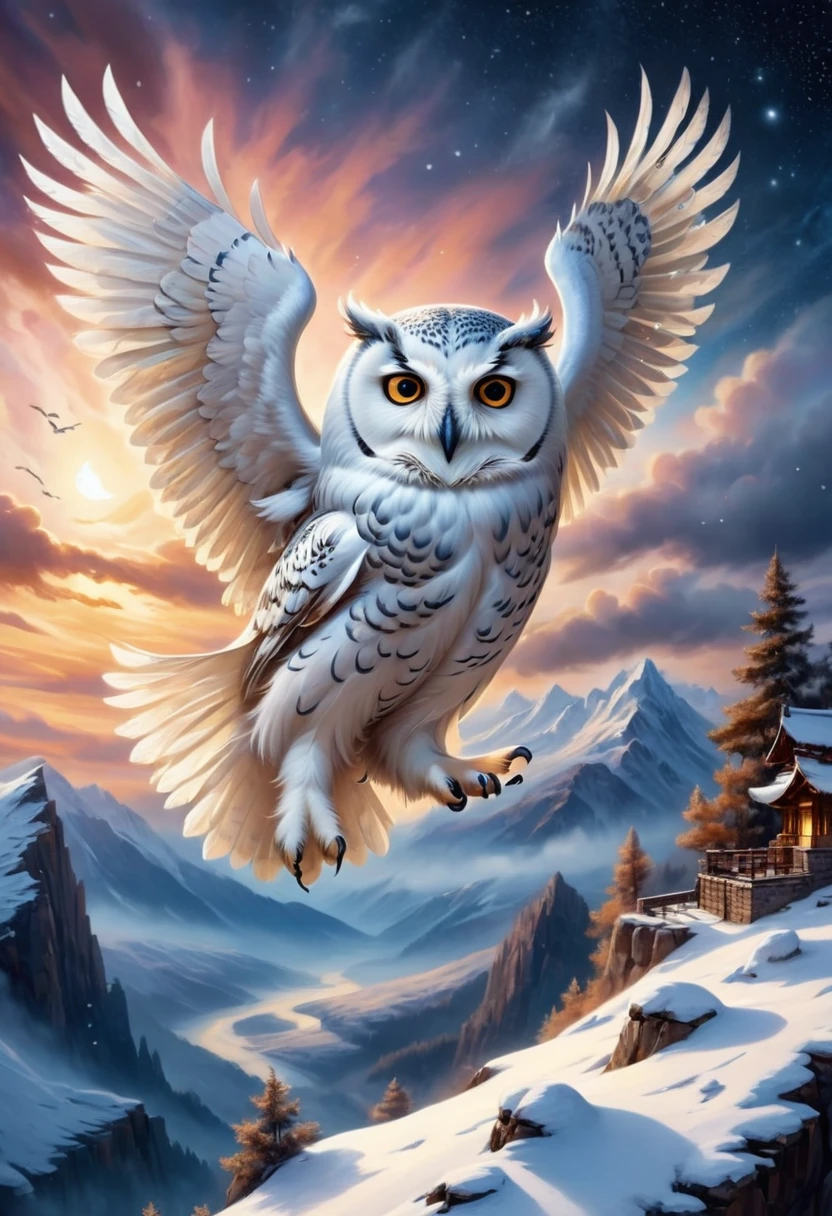 Snow owl, Flying, snow scene background, , Mysterious clouds, expression of surprise, incredible views, Unavailable, in the sky, legend, stars illuminating the night sky, Fly free, adventure, terraces, High mountains, Amazing sunset, Fly as much as you want, Through the clouds, Spirit of adventure, Shocking scene with wings spread, Huge starry sky, fusion of tradition and modernity./masterpiece Illustration, high quality, 8k, high resolution, Leonardo style