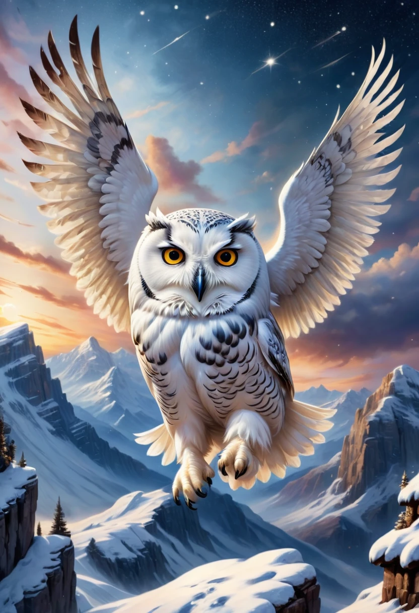 Snow owl, Flying, snow scene background, , Mysterious clouds, expression of surprise, incredible views, Unavailable, in the sky, legend, stars illuminating the night sky, Fly free, adventure, terraces, High mountains, Amazing sunset, Fly as much as you want, Through the clouds, Spirit of adventure, Shocking scene with wings spread, Huge starry sky, fusion of tradition and modernity./masterpiece Illustration, high quality, 8k, high resolution, Leonardo style