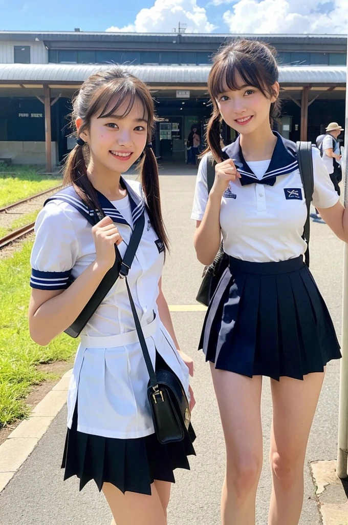 2 girls walking in rural railway station,Japanese large express train,cumulonimbus cloud in summer blue sky,white sailor shirt,navy blue pleated skirt,student bag,18-year-old,bangs,a little smile,thighs,knees,wet short hair with low pigtails bunches,from beside,front light