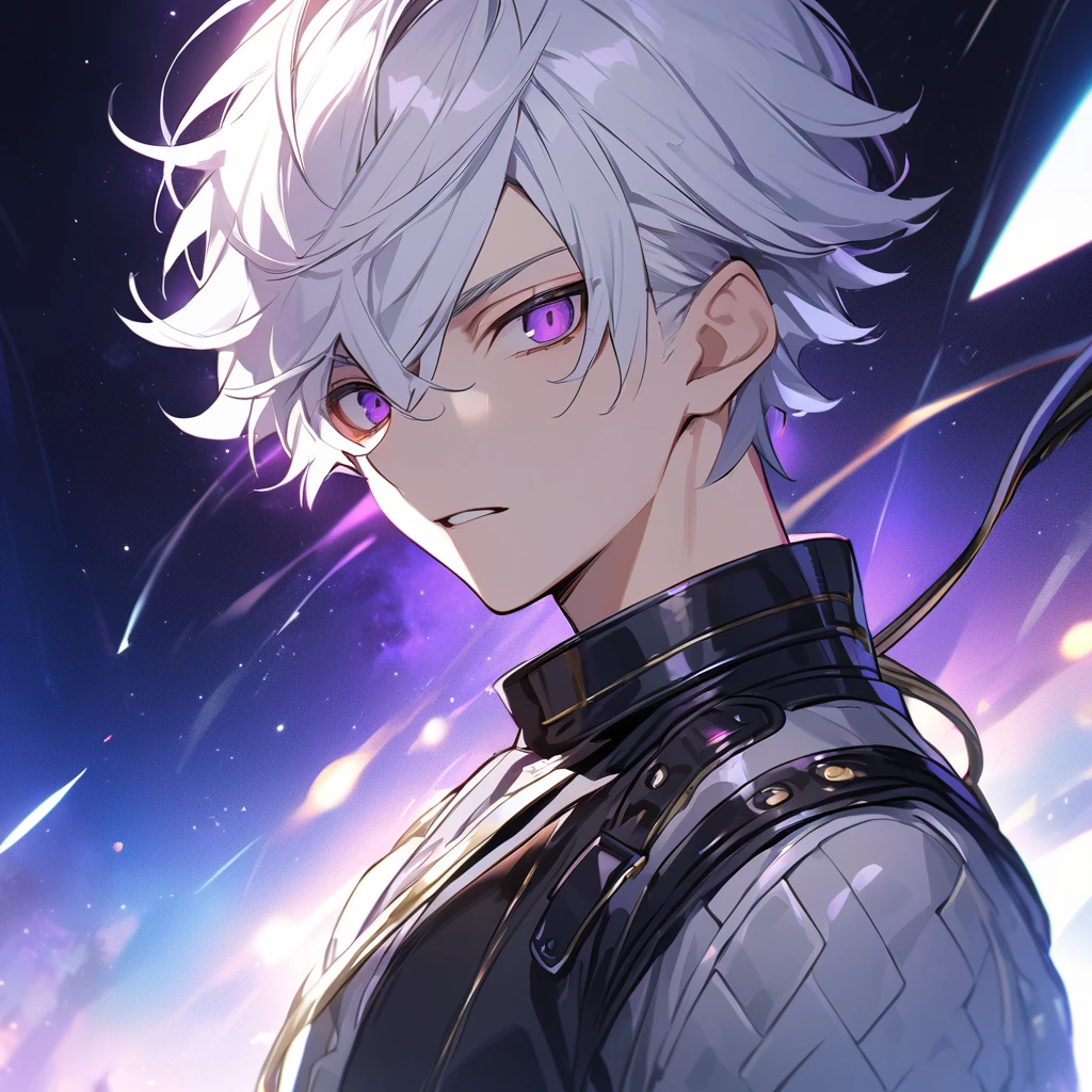 High quality, HD, 4k, no shadows, handsome male, 1male, 17 years old, teenager, golden lining, short white hair, sharp eyes, dark purple eyes, deep purple eyes, devil may cry, close up, calm expression, stoic expression, black leather clothes, lean body, well trained body, upper body, looking at viewer, cowboy shot, white solar, space background