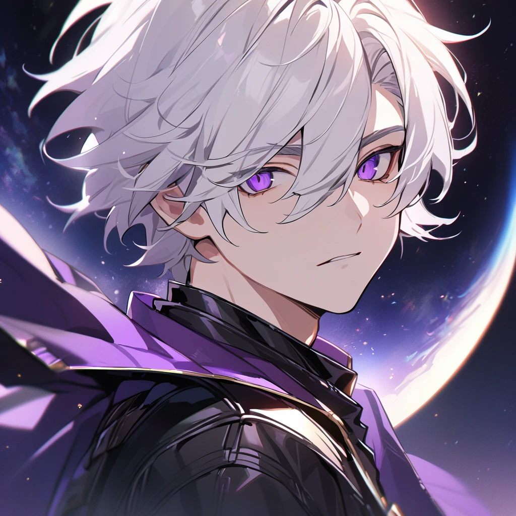 High quality, HD, 4k, no shadows, handsome male, 1male, , teenager, golden lining, short white hair, sharp eyes, dark purple eyes, deep purple eyes, devil may cry, close up, calm expression, stoic expression, black leather clothes, lean body, well trained body, upper body, looking at viewer, cowboy shot, white solar, space background