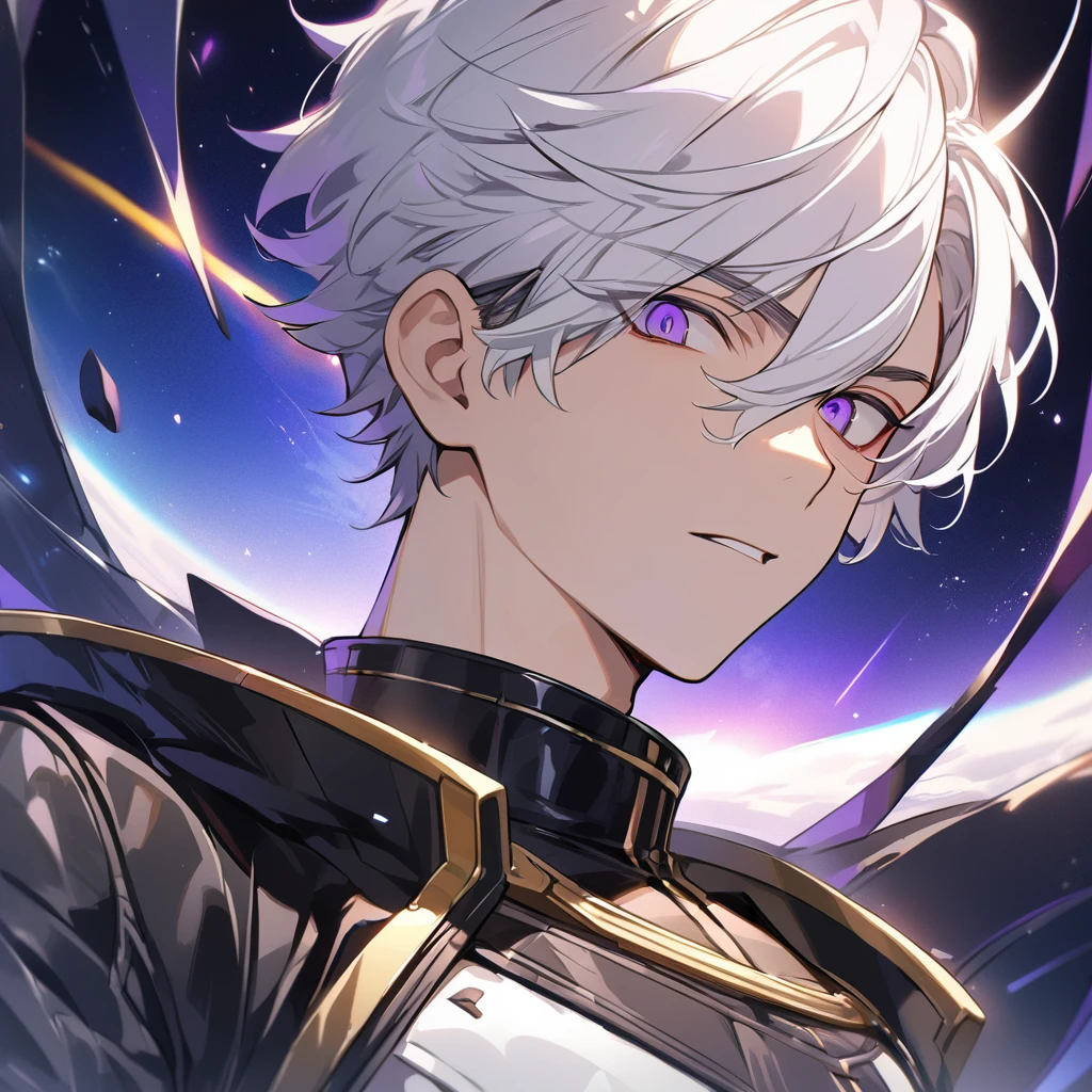 High quality, HD, 4k, no shadows, handsome male, 1male, , teenager, go lining, short white hair, sharp eyes, dark purple eyes, deep purple eyes, devil may cry, close up, calm expression, stoic expression, black leather clothes, lean body, well trained body, upper body, looking at viewer, cowboy shot, white solar, space background