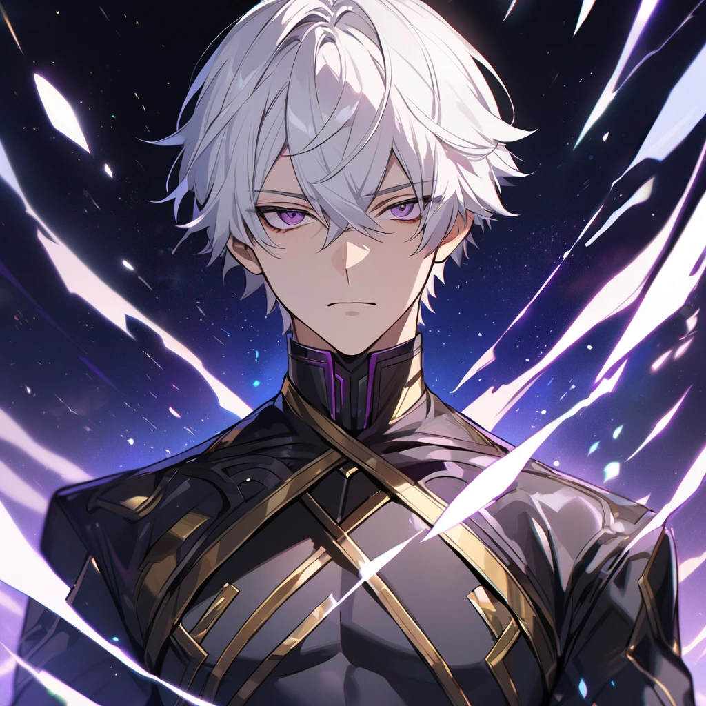 High quality, HD, 4k, no shadows, handsome male, 1male, , teenager, golden lining, short white hair, sharp eyes, dark purple eyes, deep purple eyes, devil may cry, close up, calm expression, stoic expression, black leather clothes, lean body, well trained body, upper body, looking at viewer, cowboy shot, white solar, space background