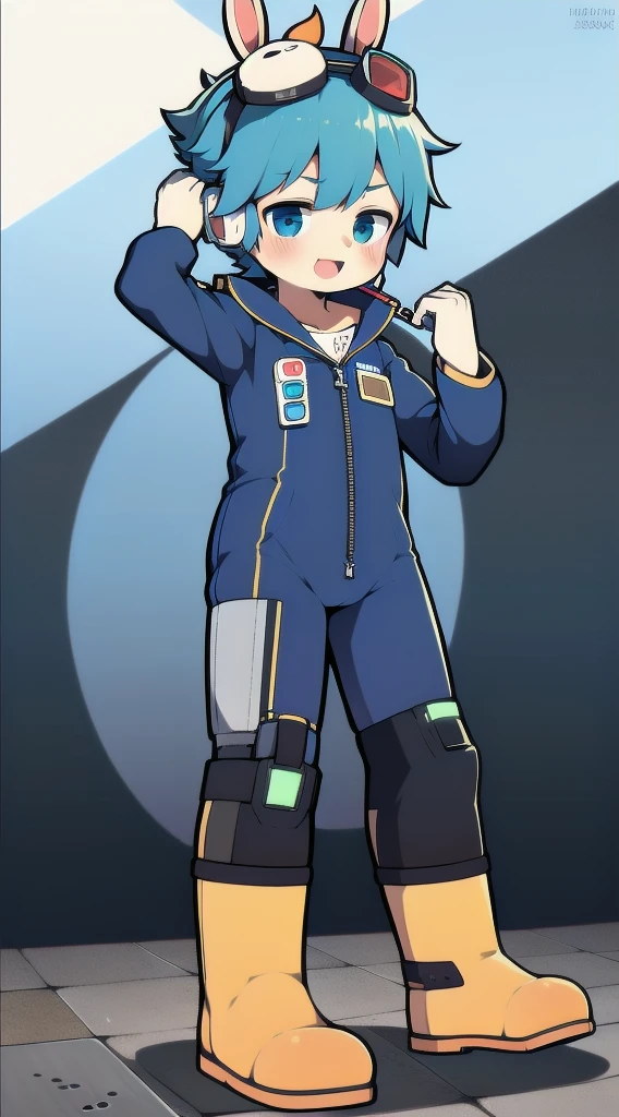 2D Boy Shota，One-piece mountaineering suit，Slim, healthy body，Put the headphones on your head，stand up，goggles，Rabbit ears，happy，Sailor collar，tie，Zipper pulled down，boots