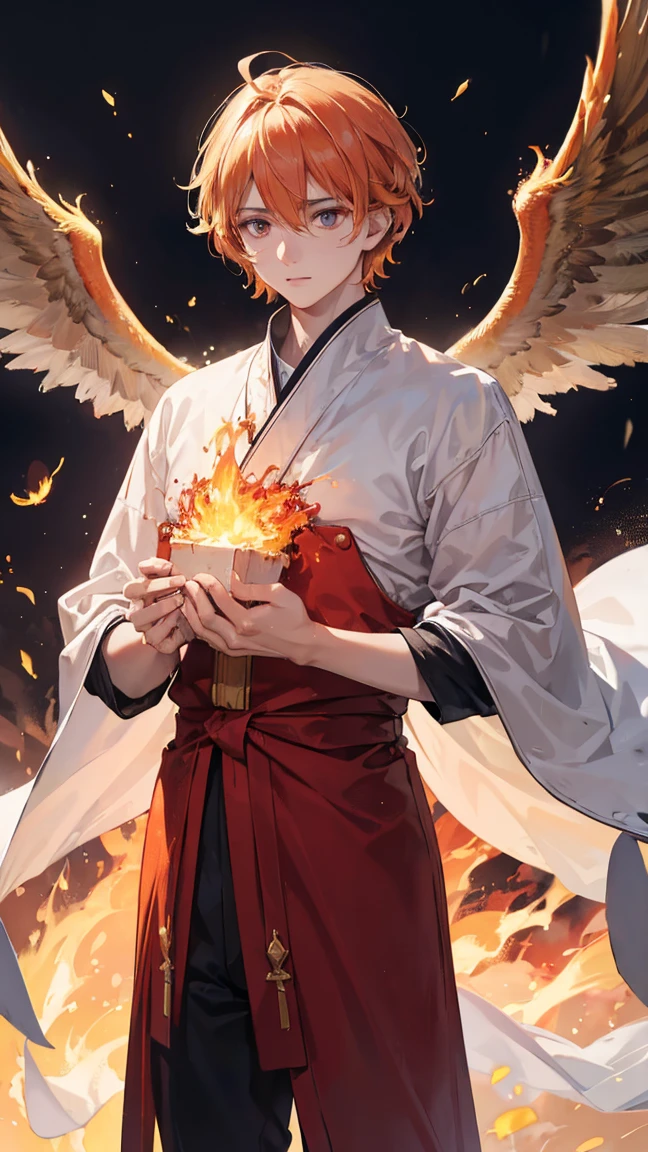 8K, best quality, (realistic:1.4), original photo, 1 man, phoenix hair, Goosebumps on fire, clothed in holy garments, stance: Rising from the ashes with newborn grace., golden eyes shine