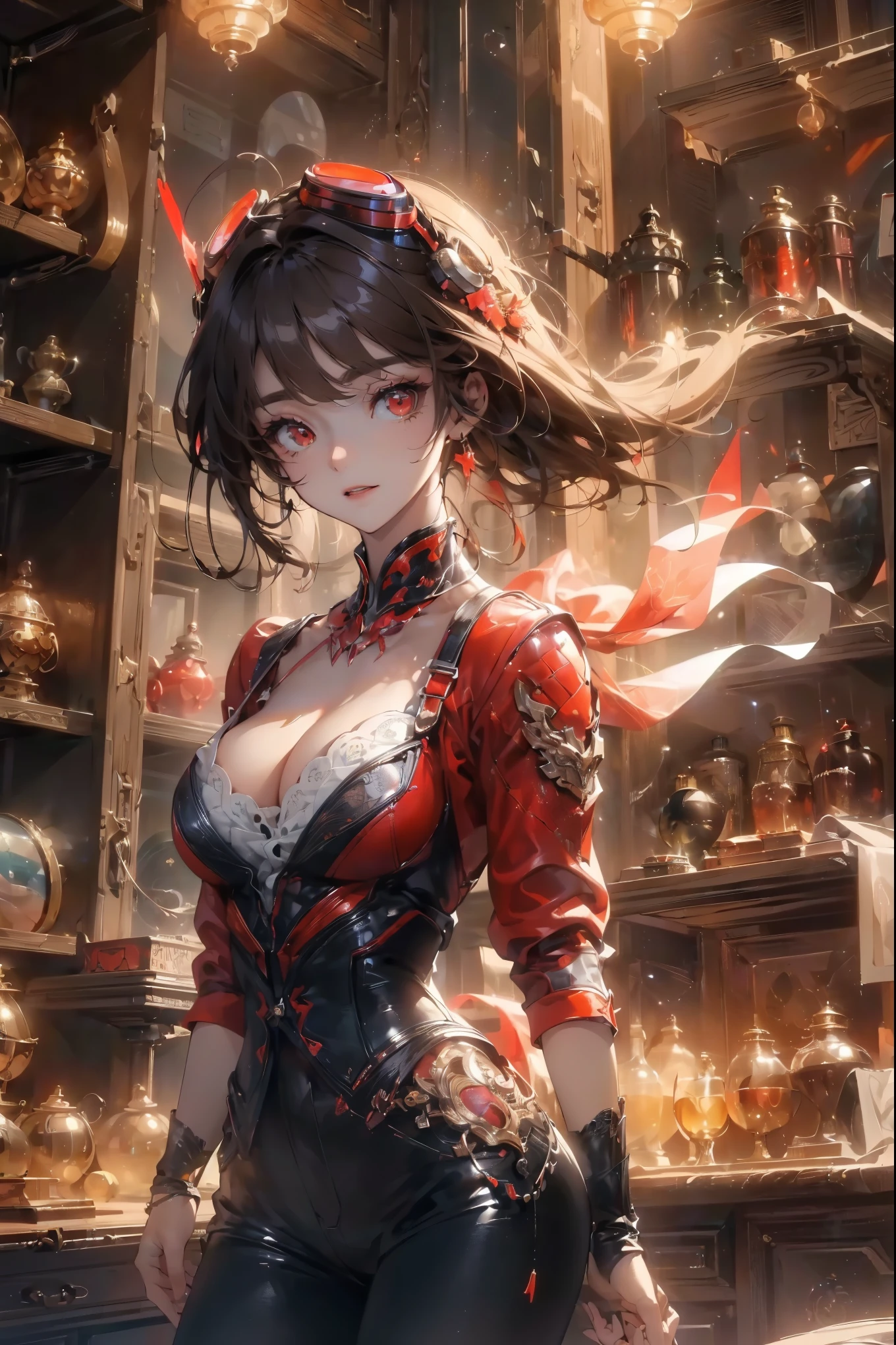 (best quality、masterpiece、high resolution)、4K animation art,(masterpiece:1.2),(best quality:1.2)),Perfect eyes,Perfect face,Perfect lighting,Fashion,masterpiece,best quality,Very detailed, 1 Girl,beautiful,cowboy_shooting,Solitary,(Looking at the audience:1.1),goggles,fire,Red Eyes