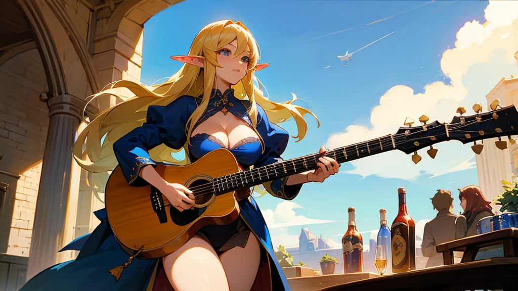 Anime Style,Nostalgic,Detailed background,The medieval world,A lively bar with lots of people,Beautiful sky,Beautiful Elf Bard,guitar,Big cleavage,Healthy thighs
