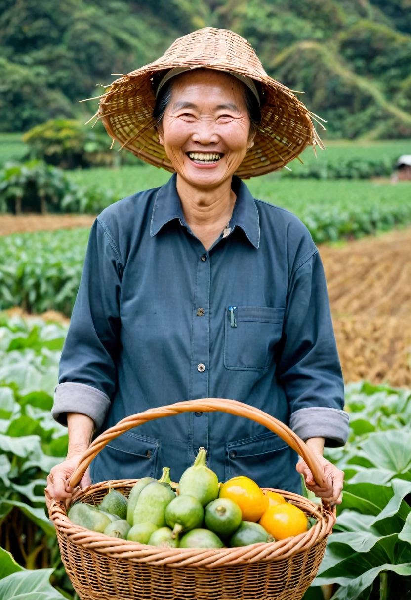 A Taiwanese farmer in his 60s ，harvest season, Laughing happily，Holding a basket in hand ，photo, woman，Looking at the camera
