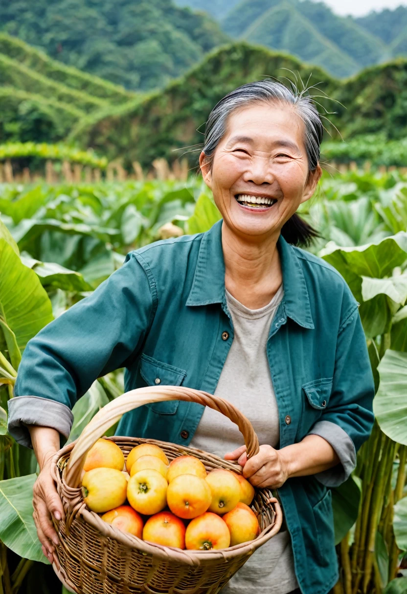 A Taiwanese farmer in his 60s ,harvest season, Laughing happily,Holding a basket in hand ,photo, woman,Looking at the camera