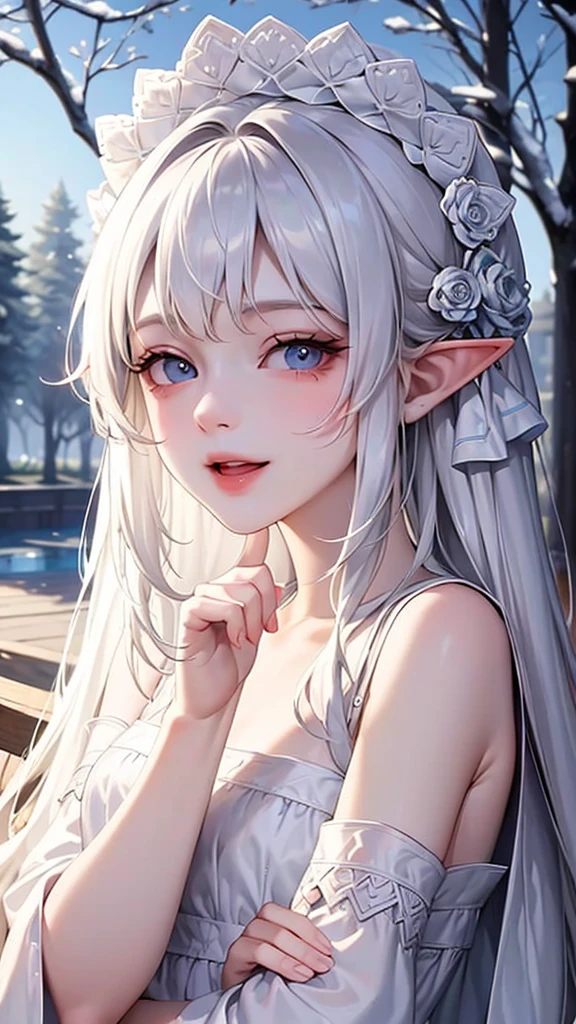 ((Highest quality)), ((masterpiece)), (detailed), One girl, The background is nature、The weather was sunny.、Silver hair straight long hair、Half Up、Parallel thin eyebrows、Double droopy eyes、Thin lips、Small nose、Blue Eyes、Long eyelashes、Delicate appearance、Illustration seen from the front、A big smile with an open mouth、White dress、Fantastic illustrations、Highlights are 7 colors、The light is on my face、Illustration of eyes matching the viewer、Elf、For delivery、Character portrait、whole body、Down to the toes、