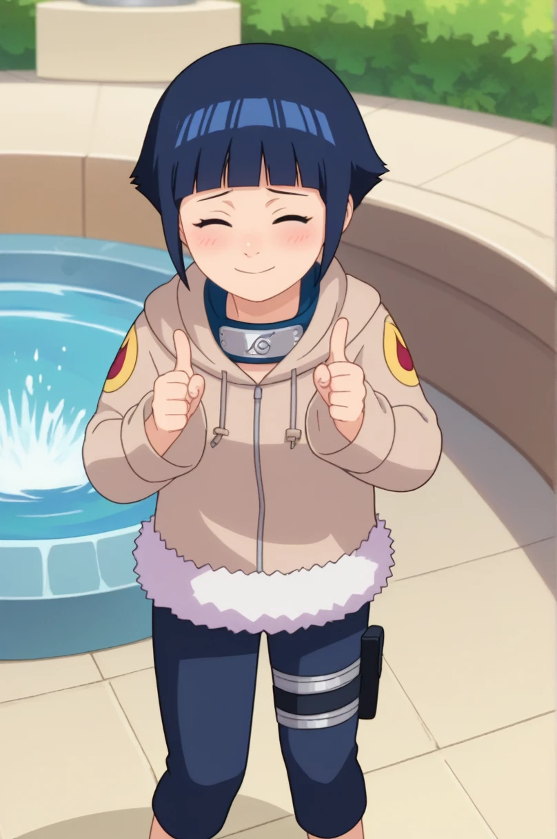 score_9, score_8_above,fountain_cheered up,
 short hair, dark blue hair, 1 girl, blunt bangs, shiny hair, hoodie, Alone, hood down, long sleeves, looking to the side,shy, blush, leather trim, capri pants, standing, SMILE, Closed mouth,standing, cowboy shot, Sales, thigh holster,symbol of konohagakure, forehead protector,nod,double thumbs above, Closed eyes, 
outdoor, forest,
cheered up screencap, cheered up coloring,