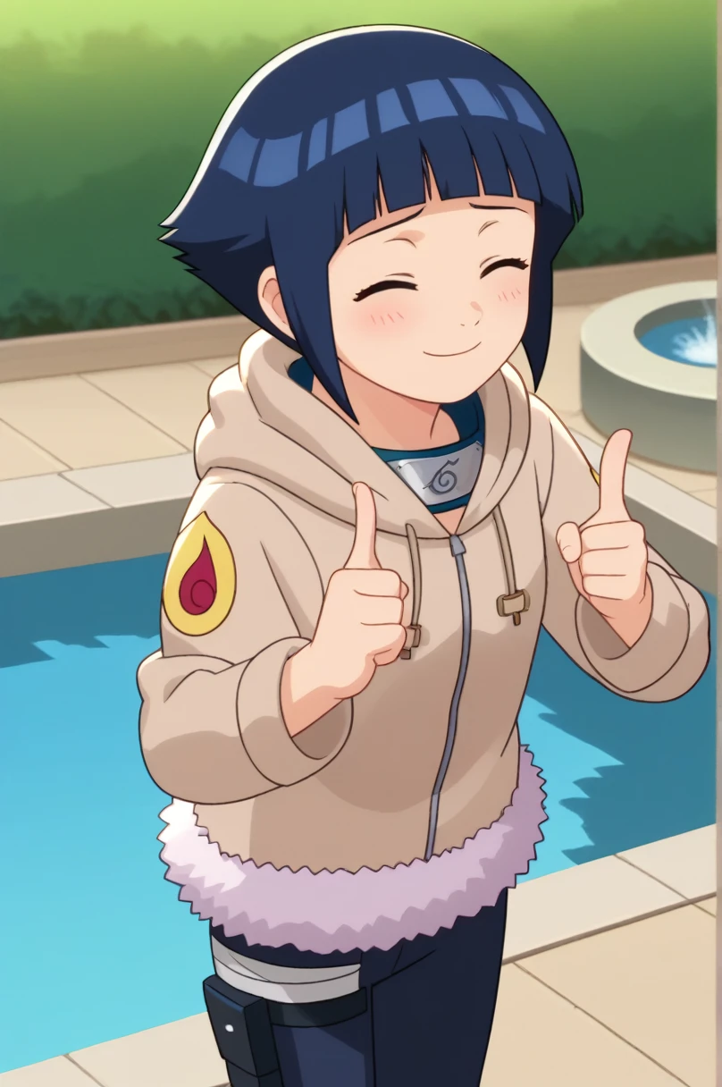 score_9, score_8_above,fountain_cheered up,
 short hair, dark blue hair, 1 girl, blunt bangs, shiny hair, hoodie, Alone, hood down, long sleeves, looking to the side,shy, blush, leather trim, capri pants, standing, SMILE, Closed mouth,standing, cowboy shot, Sales, thigh holster,symbol of konohagakure, forehead protector,nod,double thumbs above, Closed eyes, 
outdoor, forest,
cheered up screencap, cheered up coloring,