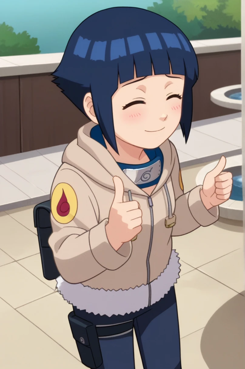 score_9, score_8_above,fountain_cheered up,
 short hair, dark blue hair, 1 girl, blunt bangs, shiny hair, hoodie, Alone, hood down, long sleeves, looking to the side,shy, blush, leather trim, capri pants, standing, SMILE, Closed mouth,standing, cowboy shot, Sales, thigh holster,symbol of konohagakure, forehead protector,nod,double thumbs above, Closed eyes, 
outdoor, forest,
cheered up screencap, cheered up coloring,