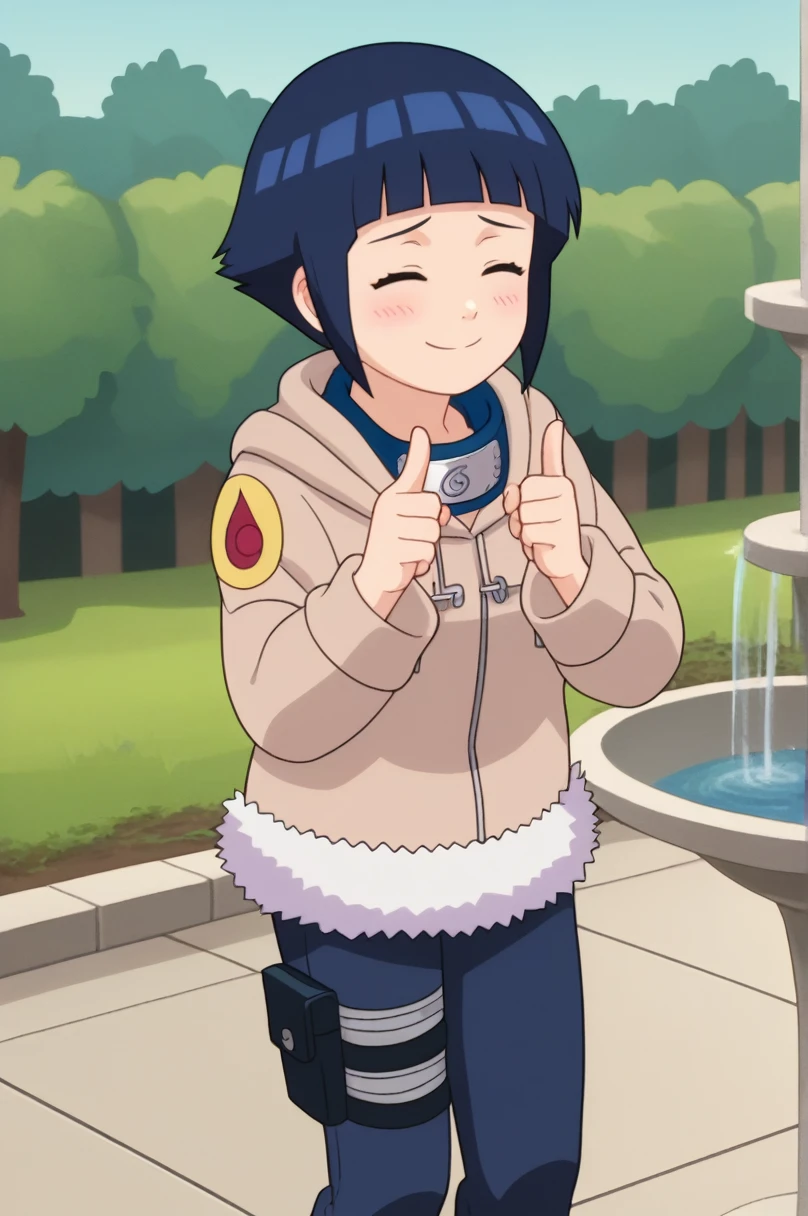 score_9, score_8_above,fountain_cheered up,
 short hair, dark blue hair, 1 girl, blunt bangs, shiny hair, hoodie, Alone, hood down, long sleeves, looking to the side,shy, blush, leather trim, capri pants, standing, SMILE, Closed mouth,standing, cowboy shot, Sales, thigh holster,symbol of konohagakure, forehead protector,nod,double thumbs above, Closed eyes, 
outdoor, forest,
cheered up screencap, cheered up coloring,